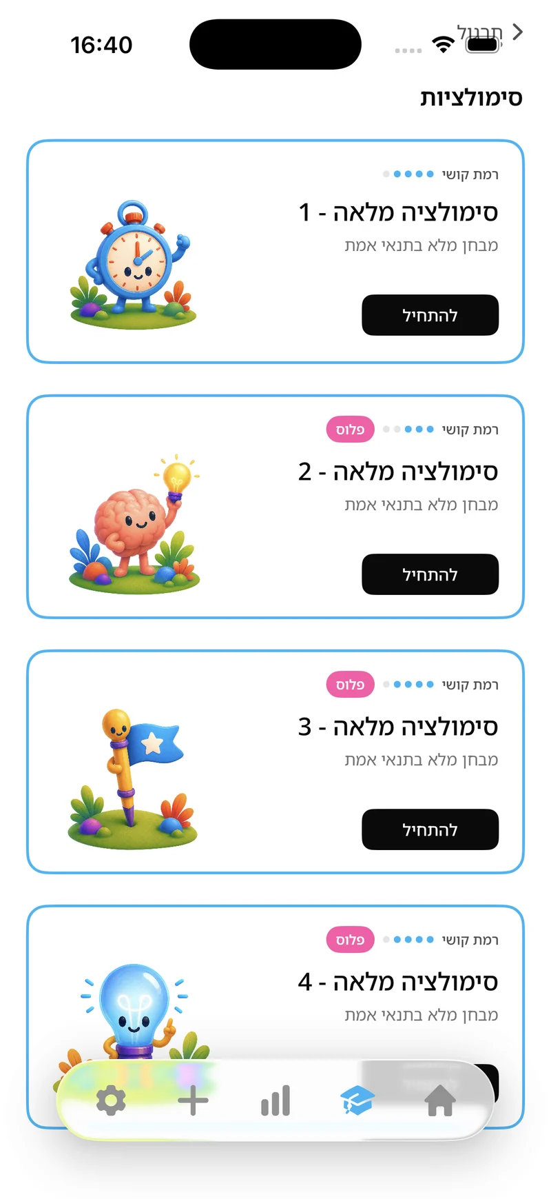מסך הסימולציות הפסיכומטריות: רשימת סימולציות מלאות לפי רמת קושי